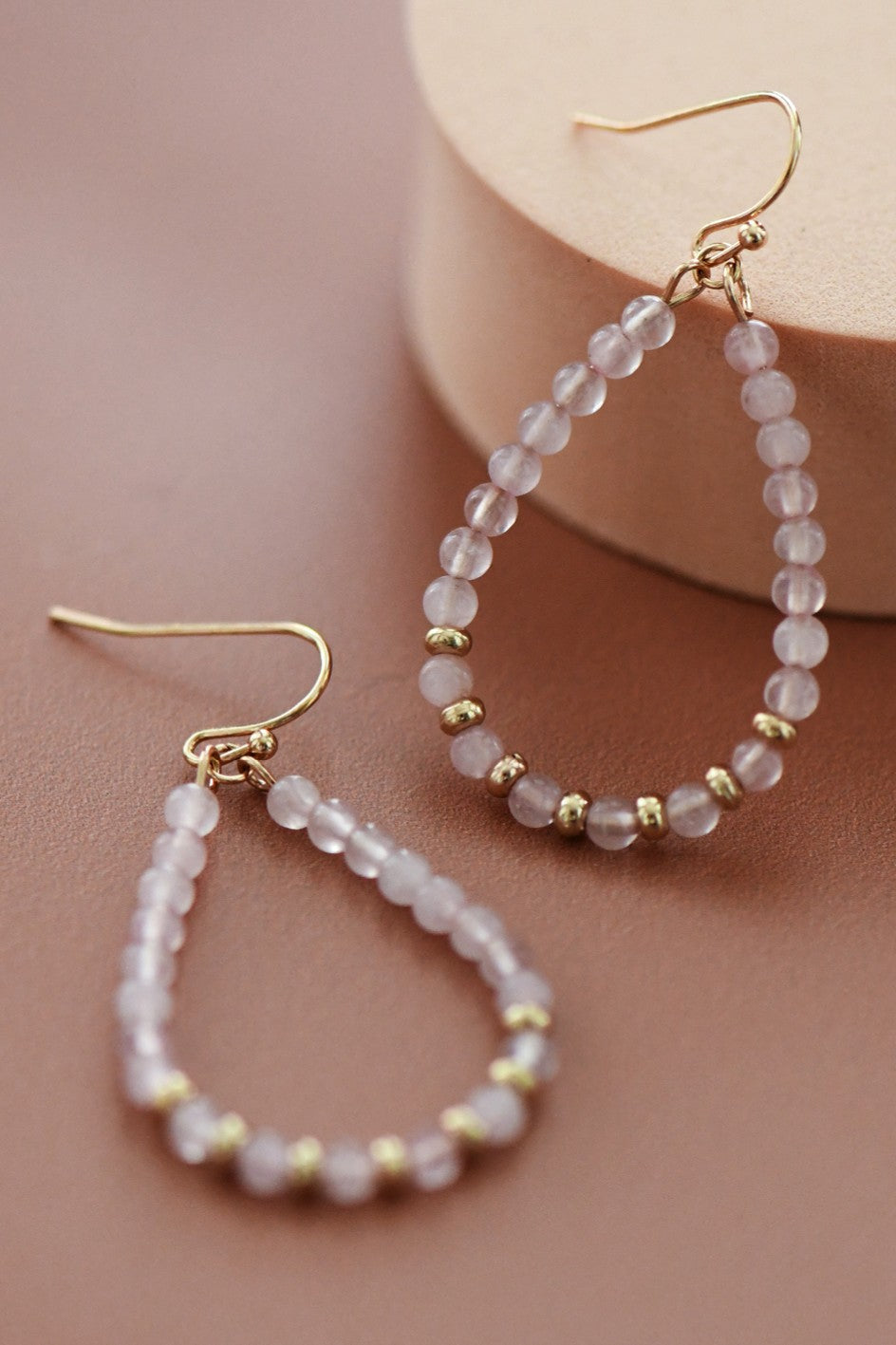 Rose Quartz Stone Beaded Teardrop Wire Earrings